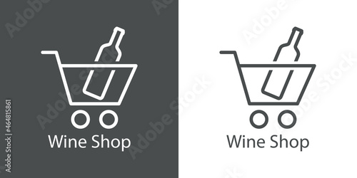 Banner con texto Wine Shop con silueta de botella de vino en carrito de la compra con líneas en fondo gris y fondo blanco