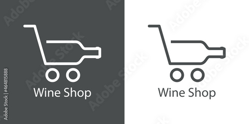 Banner con texto Wine Shop con silueta de botella de vino con forma de carrito de la compra con líneas en fondo gris y fondo blanco photo