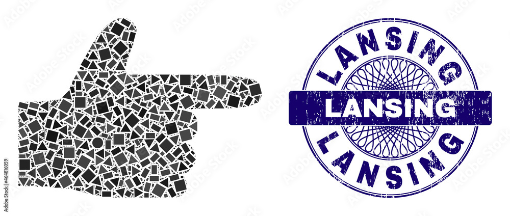 Geometric collage hand pointer right, and Lansing scratched seal. Blue ...