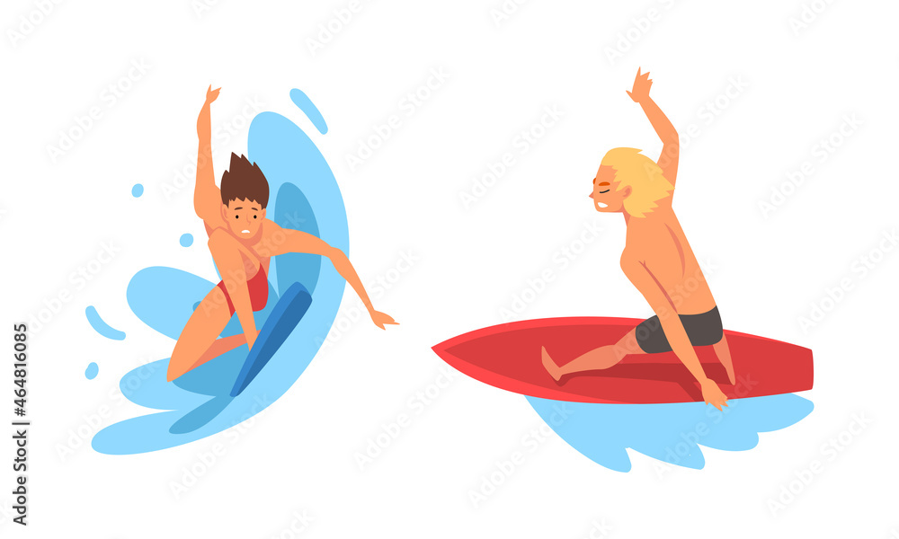 Man Surfer Character on Surf Board Riding Moving Wave of Water Vector Se