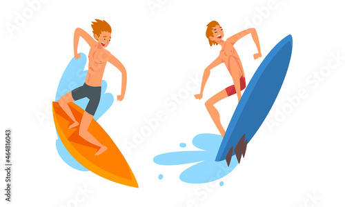 Man Surfer Character on Surf Board Riding Moving Wave of Water Vector Se