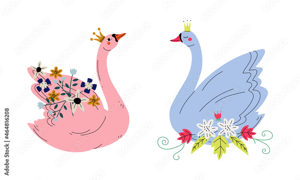 Beautiful Swan Princess with Golden Crown and Flower Decoration Vector Set