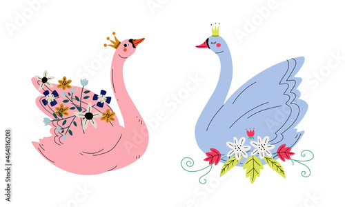 Beautiful Swan Princess with Golden Crown and Flower Decoration Vector Set