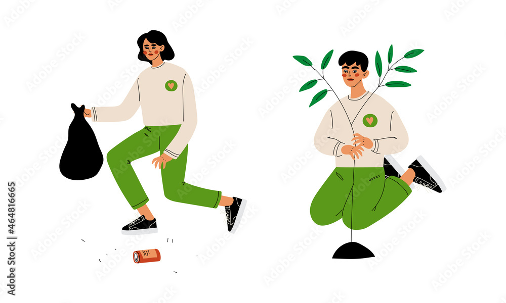 Man and Woman Volunteer Planting Tree and Collecting Garbage Engaged in Freely Labour Activity for Community Service Vector Set Man and Woman Volunteer Planting Tree and Collecting Garbage Engaged in Freely Labour Activity for Community Service Vector Set