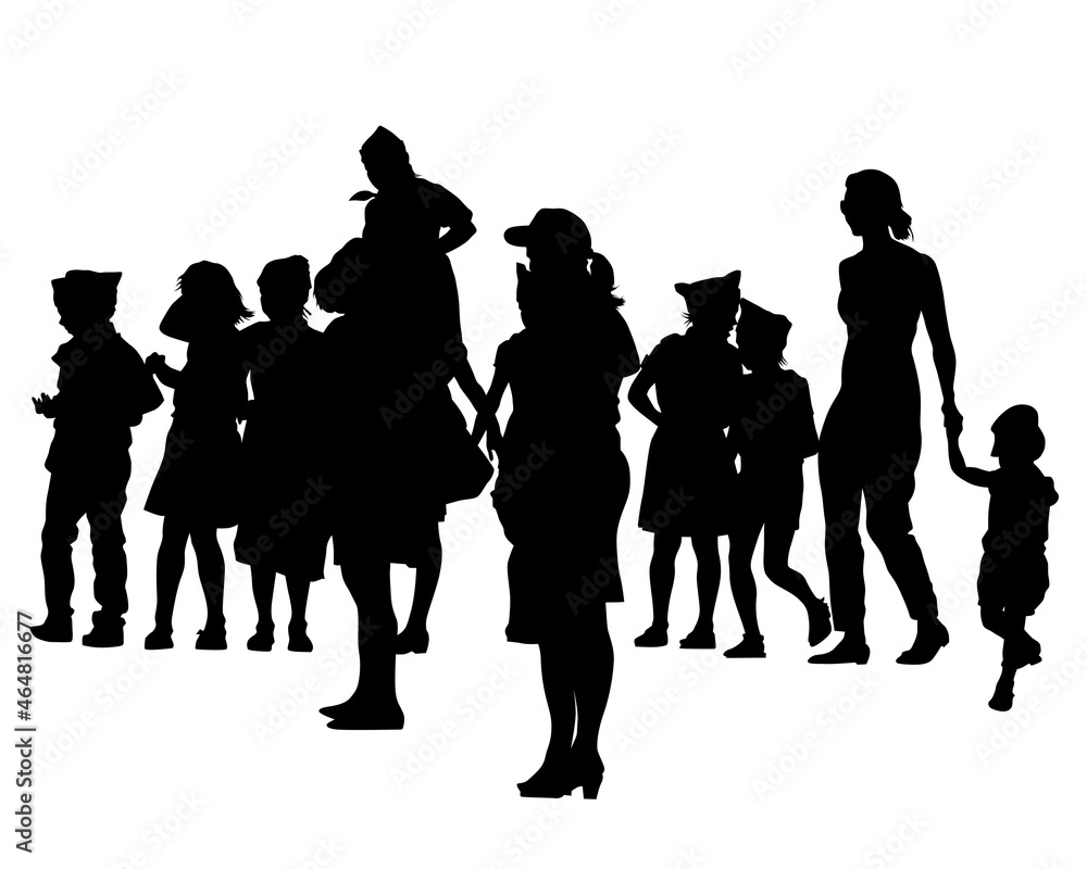 Big crowds people on street. Isolated silhouette on a white background