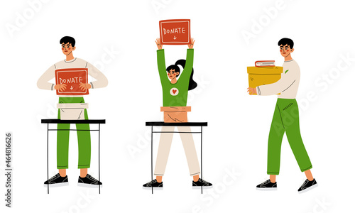 Man and Woman Volunteer with Placard Gathering Donation to Needy Vector Set