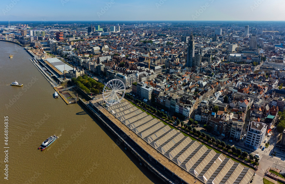  Aerial view around the old town of Antwerp on a sunny day in summer