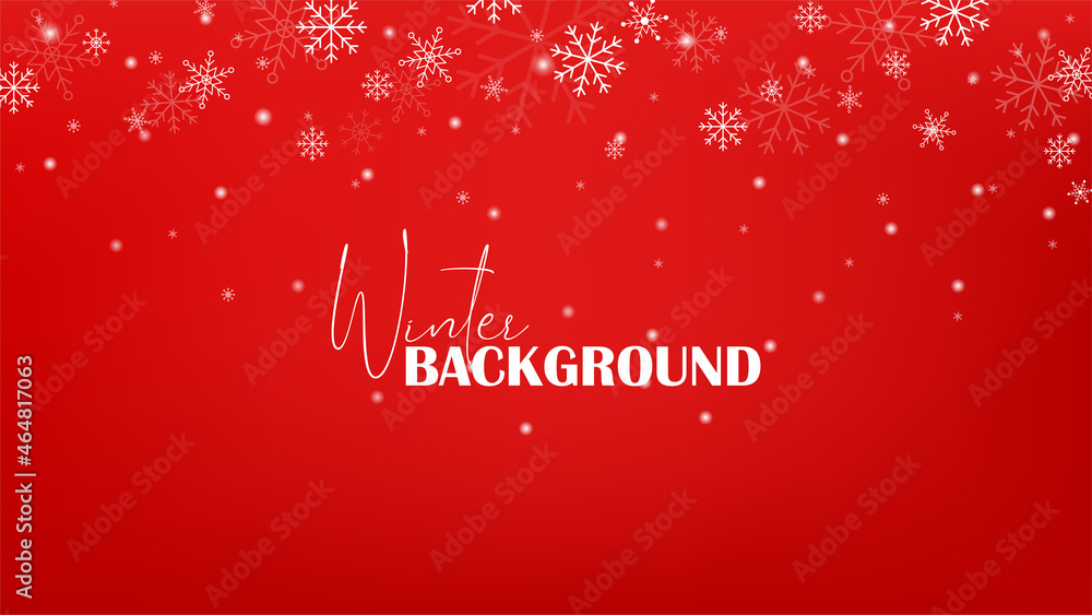 Christmas simple falling white snowflakes on red background. Vector illustration in cute flat caroon style for your design.