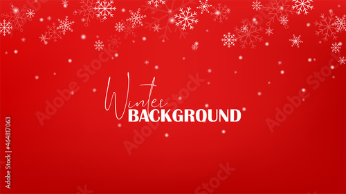 Christmas simple falling white snowflakes on red background. Vector illustration in cute flat caroon style for your design.