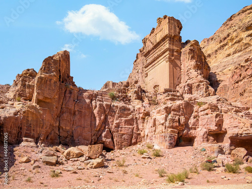 Tomb of  Unayshu a well preserved tomb carved in red rock in the ancient city of Petra  Jordan