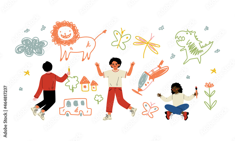 Fototapeta premium Funny Children Drawing on the Wall with Brush and Crayons Vector Set