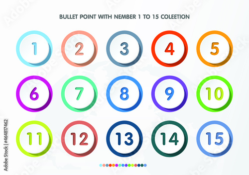 Bullet with number collection. Numbers from 1 to 15. Infographic buttons and points. Colorful gradient markers for badges, tags. Modern logos in map interface.