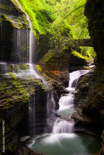 Fototapeta Naklejka Na Ścianę i Meble -  Stone Bridge crossover waterfalls, Rainbow Falls in Watkins Glen State Park, New York