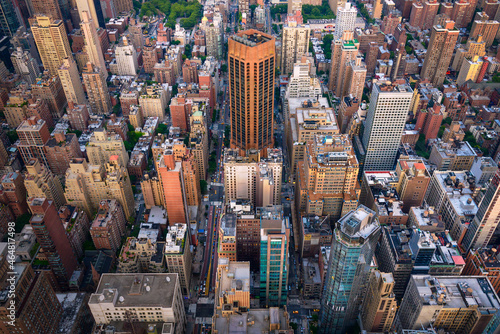 Bird's eye view, aerial view of cityscape with skyscraper and street, downtown at New York City