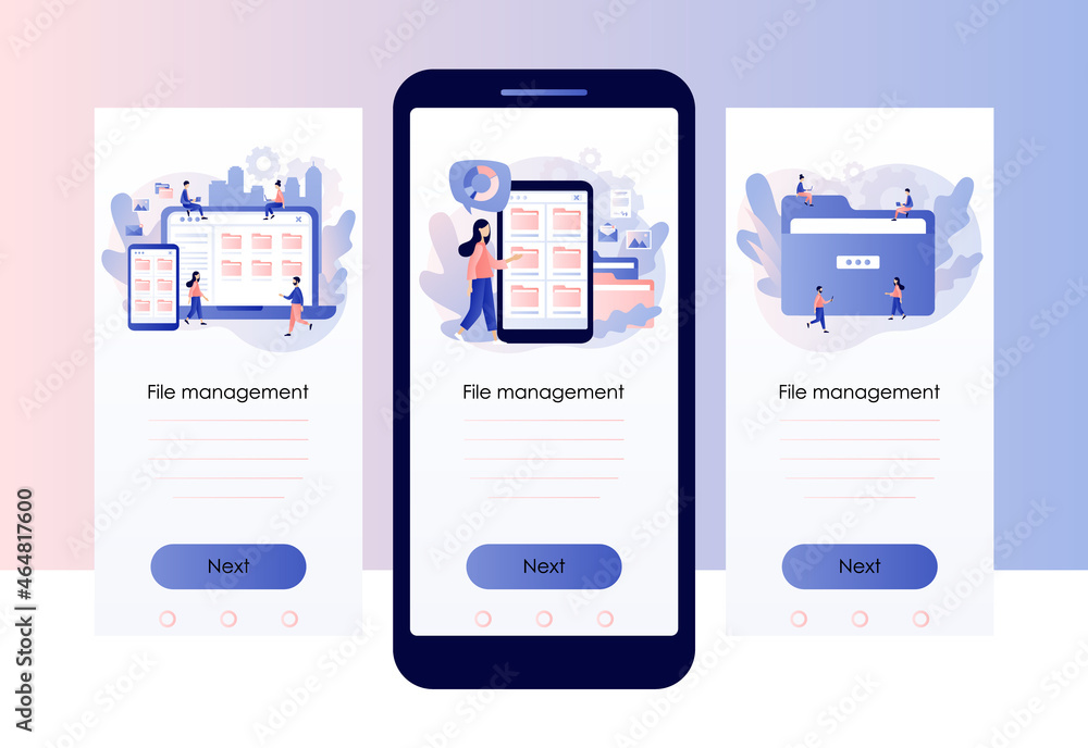 File management concept. Data storage. Folders, documents and media content. Tiny people search files. Screen template for mobile, smartphone app. Modern flat cartoon style. Vector illustration File management concept. Data storage. Folders, documents and media content. Tiny people search files. Screen template for mobile, smartphone app. Modern flat cartoon style. Vector illustration