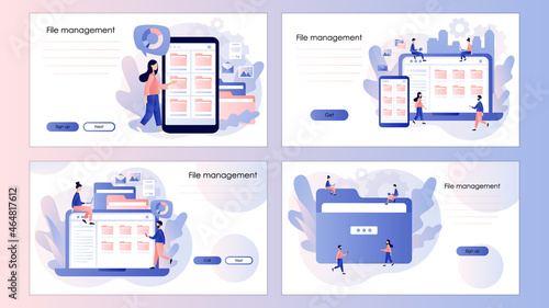 File management concept. Data storage. Folders, documents and media content. Tiny people search files. Screen template for landing page, template, ui, web, mobile app, poster, banner, flyer. Vector 