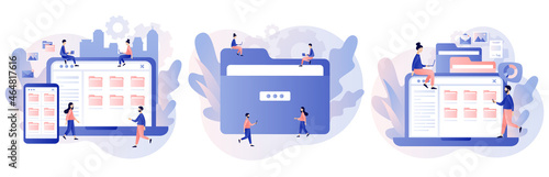 File management concept. Data storage. Folders, documents and media content. Tiny people search files on smartphone or laptop. Modern flat cartoon style. Vector illustration on white background