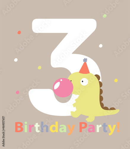 An illustration in a vector. Invitation to the dino party, in cartoon style, on a grey background, with the image of a cute funny dinosaur with pink bubble gum.