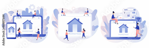 Homepage. Web page design on smartphone or laptop. Tiny people working on website homepage development, optimization, setup. Modern flat cartoon style. Vector illustration on white background