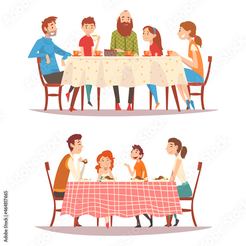 Happy Family Sitting at Dining Table Together Eating Meal and Talking Vector Set
