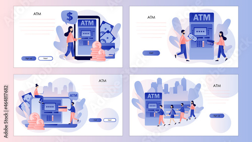 ATM concept. Tiny people waiting in line near atm machine holding credit card and money. Banking terminal.Screen template for landing page, template, ui, web, mobile app, poster, banner, flyer. Vector
