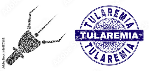 Geometric collage nanobot arm, and Tularemia scratched stamp seal. Violet stamp seal has Tularemia title inside circle form. Vector nanobot arm collage is composed with random circle, triangle,