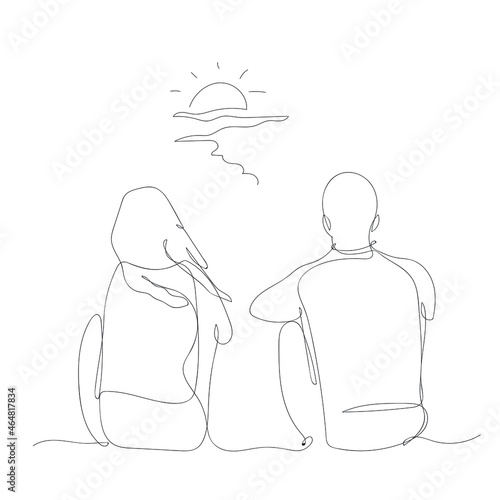 Couple sitting and watching the sunset at the sea. Vector black line drawing on white background. Simple line art. Print design 