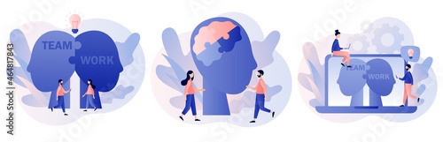 Human heads puzzle. Mental health. Mutual understanding. Knowledge, psychology, memory, logic. Business, teamwork concept. Modern flat cartoon style. Vector illustration on white background