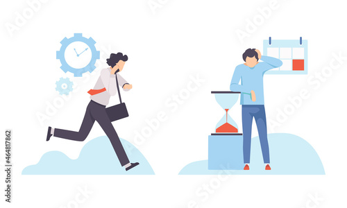 Young Man Running to Appointment and Watching Time Flowing in Hourglass Vector Set