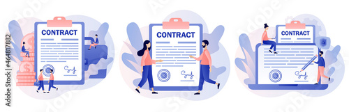 Contract concept. Tiny business people shaking hands and signing agreement, legal document or contract online. Digital signature. Modern flat cartoon style. Vector illustration on white background
