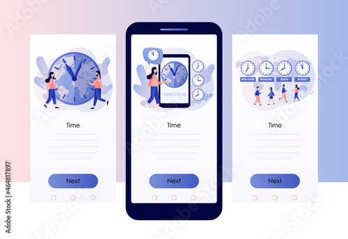 Time zones. International time and date. Worldwide business. Clocks showing local timezone. Screen template for mobile, smartphone app. Modern flat cartoon style. Vector illustration 