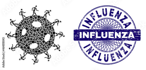 Geometric mosaic human virus, and Influenza textured stamp seal. Violet stamp seal has Influenza title inside circle shape. Vector human virus mosaic is done with different spheric, triangle,