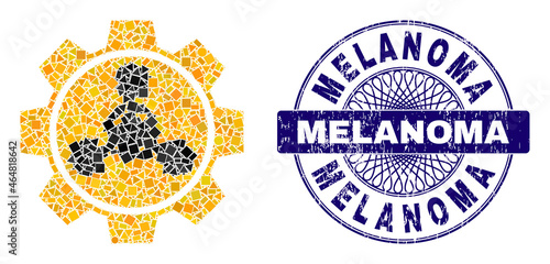 Geometric collage toxic industry, and Melanoma grunge seal. Blue seal has Melanoma text inside circle form. Vector toxic industry collage is created with random circle, triangle, rectangle elements.