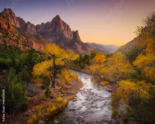 Beautiful sunset view point at Watchman in autumn, Zion National Park, Utah