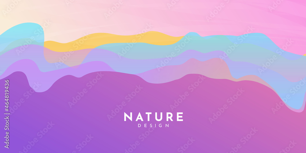 Vector illustration. Minimalist wavy panoramic background. Color gradient hills. Wave futuristic concept. Colorful wallpapers. Clear sky. Flat design for website, landing page. Evening sunset scene