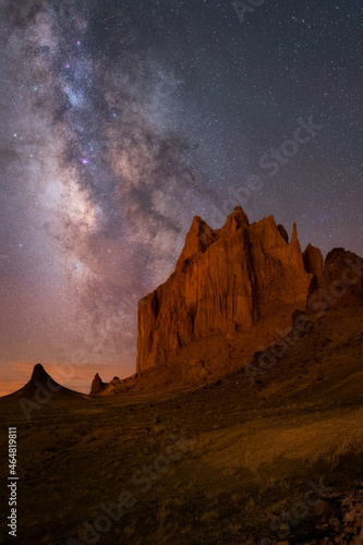Milky way with Shiprock, huge rock formation at New Mexico