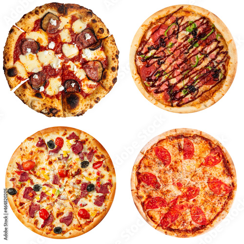 Set of four different pizzas isolated on white background