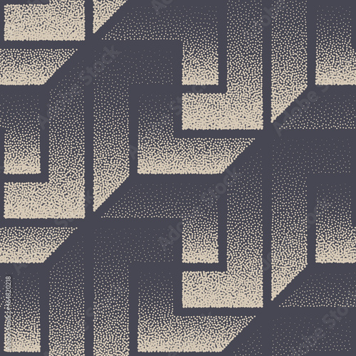Oriental Pattern Stippled Seamless Wallpaper Graphic Vector Abstract Background. Hand Drawn Tileable Geometric Texture Dotted Repetitive Asian Ornament. Halftone Retro Colors Ornate Art Illustration