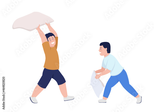 Boy playing pillow fight semi flat color vector characters. Moving figure. Full body people on white. Siblings isolated modern cartoon style illustration for graphic design and animation