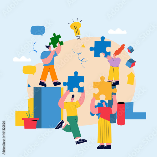 Team work, team building, corporate organization, partnership, problem solving, innovative business approach, brainstorming, unique ideas and skills, people with puzzle pieces flat vector illustration