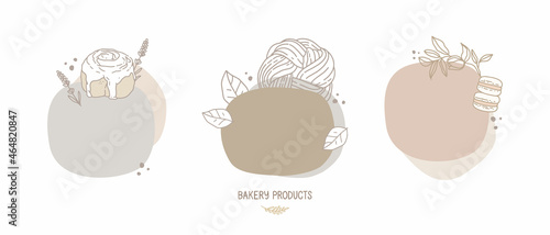 Set of vector hand-drawn illustrations. Abstract shapes in pastel color,  linear drawing. Space for text, template, frame. Bakery products, pastries, cake. Babka, cinnamon bun with frosting, macarons