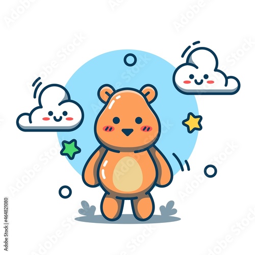 Vector illustration of a cute bear standing surrounded by clouds. Cute bear in flat cartoon style. Suitable for illustrations, web landing pages, icons, t-shirts, stickers and more.