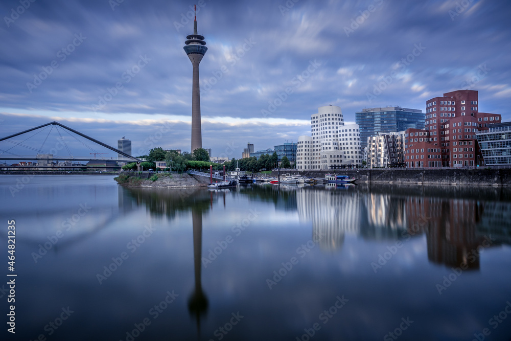 Evening at Medienhafen with the rhine tower in Düsseldorf, Germany