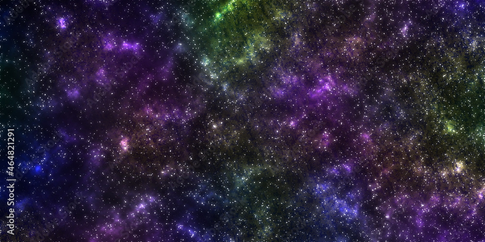 Spacescape illustration, astronomical graphic background with purple nebula and starfish in the deep universe. 