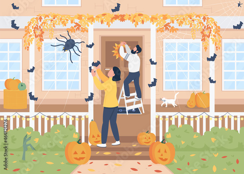 Decorating home for Halloween flat color vector illustration. Fall season holiday. Autumnal decorations. Boyfriend and girlfriend. Couple 2D cartoon characters with house exterior on background