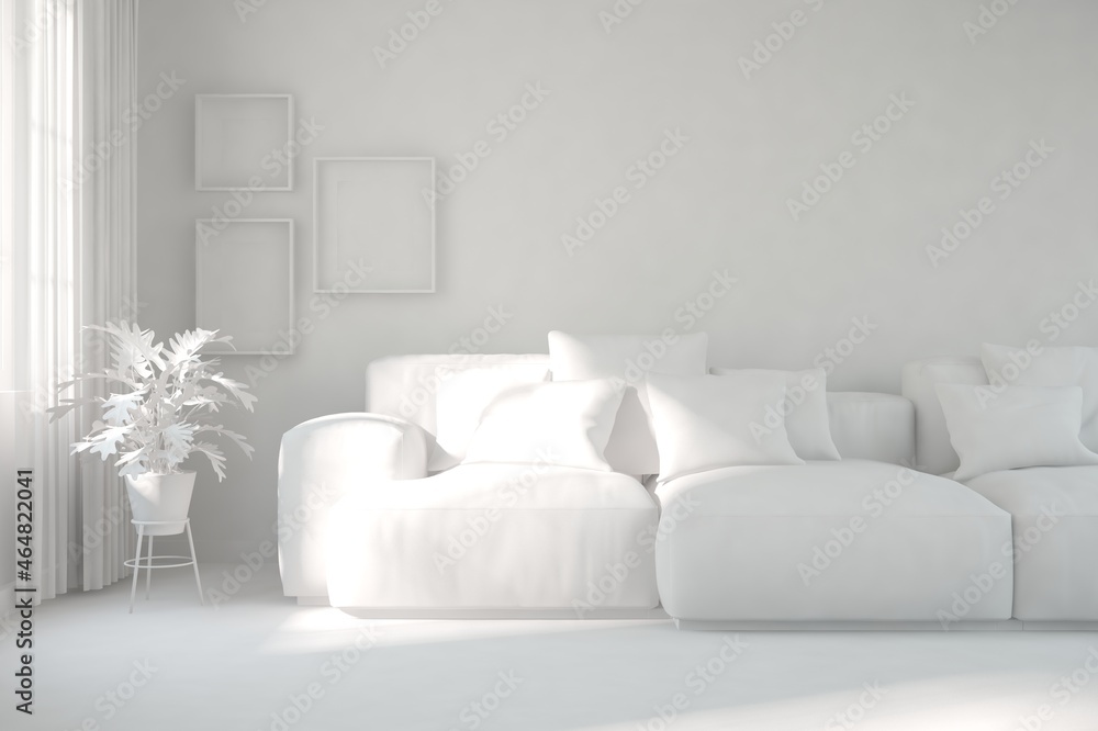 Modern living room in white color with sofa. Scandinavian interior design. 3D illustration Modern living room in white color with sofa. Scandinavian interior design. 3D illustration