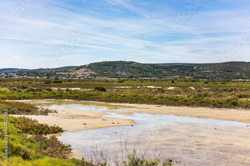 Vue sur les anciens bassins des salins de Frontignan (Occitanie, France)