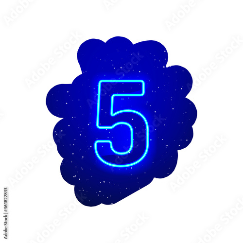 LED blue glow neon number type. Realistic neon explosion. Number 5 night show among the stars. Vector illustration of big numeral type. 3d Render Isolated On White Background.