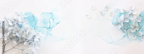 Fotografie, Obraz Creative image of pastel blue Hydrangea flowers on artistic ink background