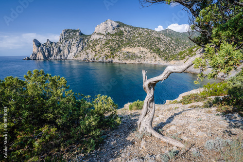 Scenic mountain Karaul-Oba nearby coastline of Black Sea. Structure formed by pre-historic corals. Shot near town Novyi Svit, Crimea